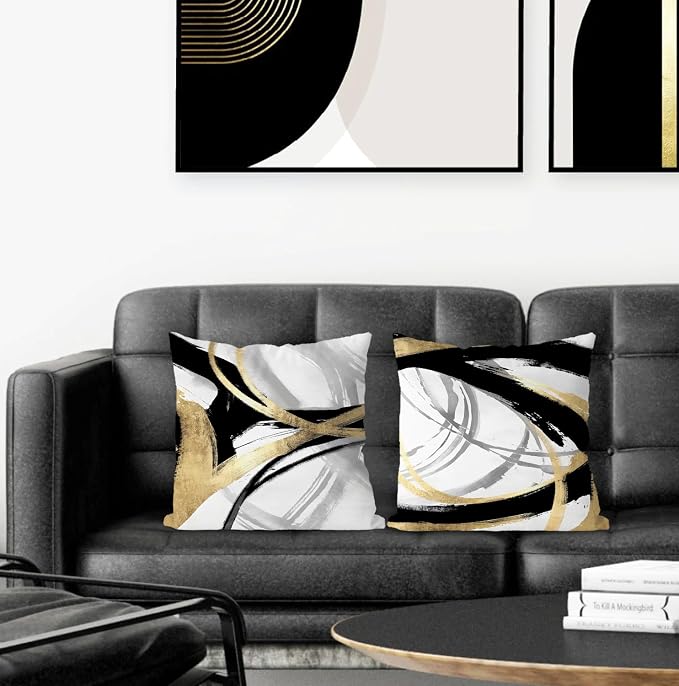Black White and Gold Pillow Covers, Abstract Black and Gold Pillow Covers 20x20 Set of 2, Modern Boho Home Decor, Black and Gold Decorative Throw Pillows Cover for Couch Living Room Bedroom