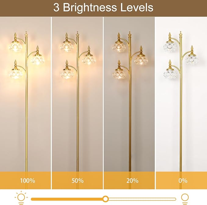 Gold Floor Lamp, Dimmable Tree Floor Lamps for Living Room Brass Tall Standing Lamp with 3 Rotatable Lights Glass Shade 66.5'' Modern Corner Lamp for Bedroom Office(3LED Bulbs Included)
