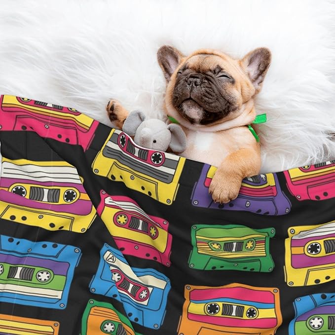 Double Sided Pet Mat for Dog Bed Topper Cat Blanket Furniture Protector, Colorful Retro Cassette Pattern, Reversible Plush with Tactile Dot Pattern for Style Change