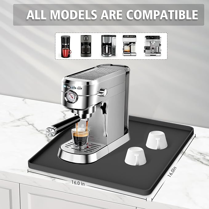 Silicone Coffee Mat 16"x16", Single Piece Anti-Vibration Under Coffee Maker Mat, Non-Slip Espresso Machine Mat with 10mm Raised Edge, Noise Reduction Countertop Protector, Fits Breville Ninja Keurig