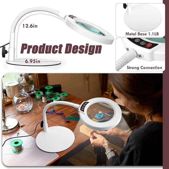 10X Magnifying Glass with Light and Stand, 5 Color Modes Stepless Dimmable LED Lighted Desk Lamp, Hands Free Flexible Gooseneck Magnifier with Light for Craft Hobby Painting Close Work - White