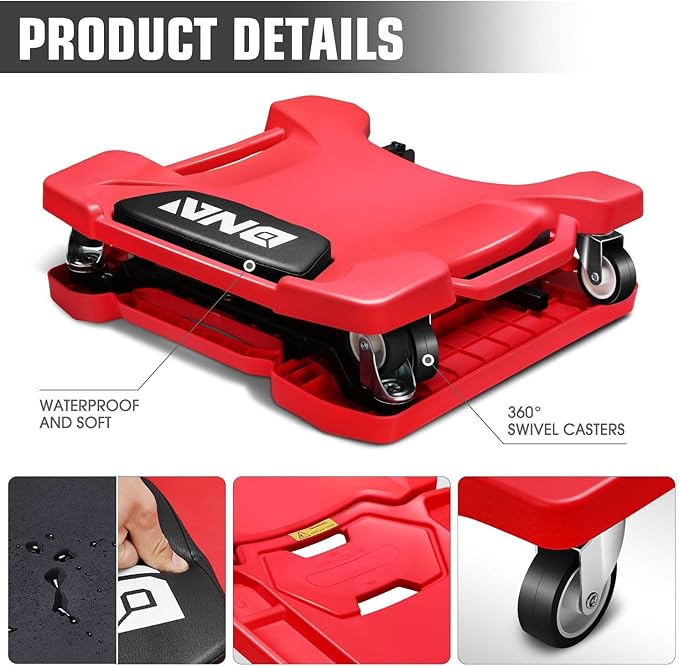 DNA Motoring 41inch Low Profile Plastic Rolling Garage Shop Creeper with Padded Headrest, Tool Trays & 6pcs Casters, Foldable Creeper, TOOLS-00637-RD