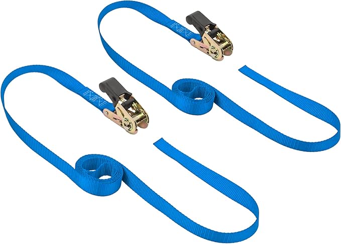 PowerTye - Endless Ratchet Strap - 1in x 7ft Easy Grip (Hookless), Tie Down Strap w/ 400 lb. Working Load Limit / 1,200 lb. Break Strength, Ideal for Motorcycle, ATV, Bike, & Coolers, Blue 2-Pack