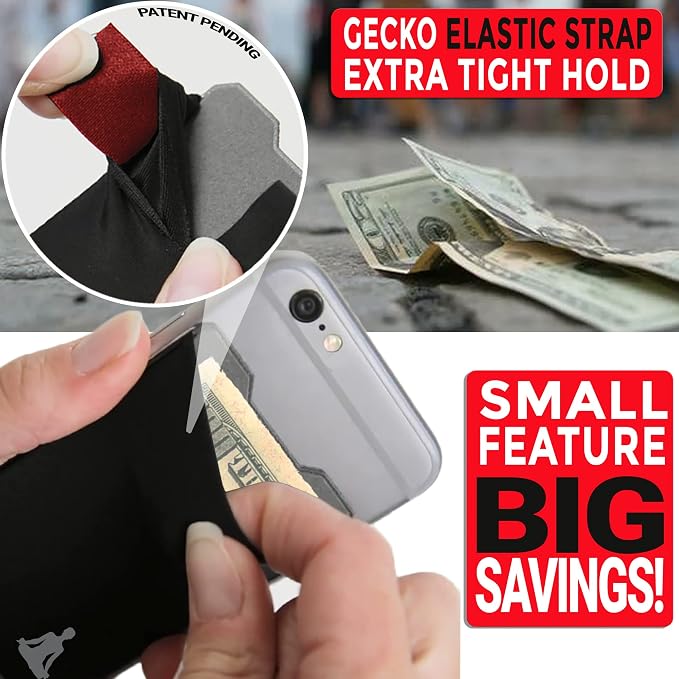 Gecko Travel Tech Double Pocket - Adhesive Card Holder - Cell Phone Pouch - Stick on Spandex Pocket - Carry Credit Cards and Cash (YOGA)