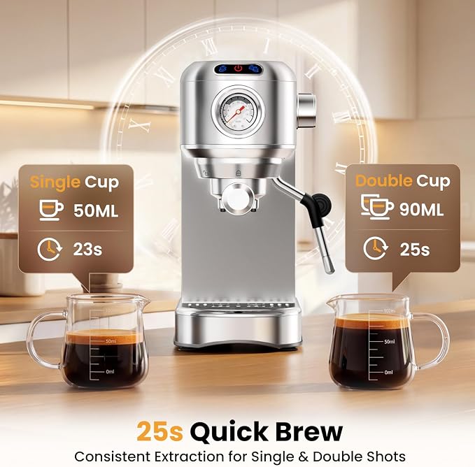 Espresso Machine 20 Bar, Compact Espresso Coffee Machine with Milk Frother, Stainless Steel Coffee Maker with 34oz Removable Water Tank, Cappuccino Machine for Home, Office, Latte (Silver)