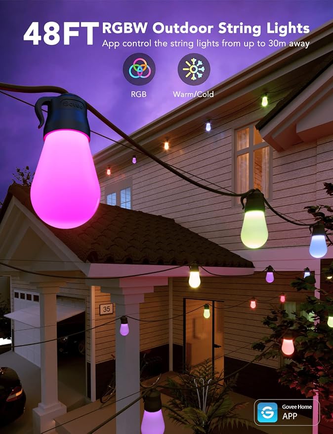 Govee Smart Outdoor String Lights H7015, 48ft RGBIC Outdoor Lights with 15 Dimmable LED Bulbs, IP65 Waterproof, Color Changing Warm White Lights with 47 Scene Modes for Patio, Backyard, App Control | 15 Dimmable LED Bulbs Outdoor Lights with Color Chan...