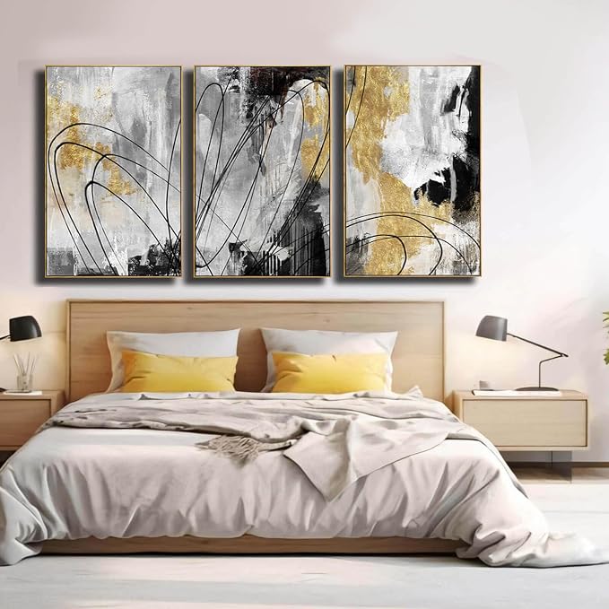 YJYart Gold Wall Art Abstract Wall Art Living Room Decor Black and White Canvas Picture Home Decor Wooden Frame Line Paintings Modern Artwork Office Decor 24"x 36"x 3 Pieces