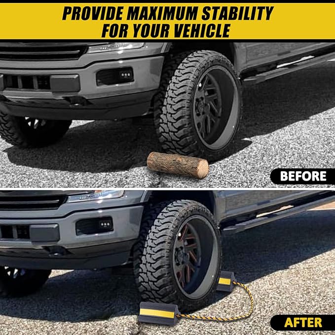 Heavy Duty Wheel Chocks - Wheel Stoppers for Trailer Travel Trailers RV Aircraft Car Camper Truck, Non Slip Rubber Wheel Block with Nylon Rope Yellow Reflective Tape（1 Pair）