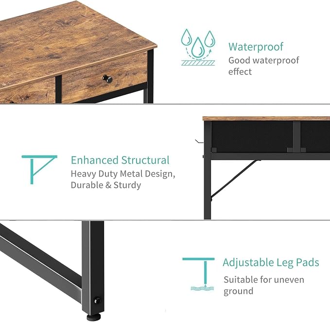 Lufeiya Small Computer Desk with 2 Drawers for Bedroom, 31 Inch Home Office Desk with Storage Fabric Drawer and Bag, Study Writing Table for Small Spaces, Rustic Brown