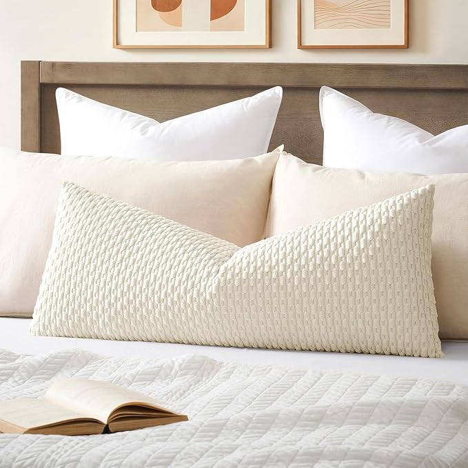 Kevin Textile Soft Corduroy 14"x36" Lumbar Pillow Cover 1 Pack, Cream White | Boho Stripe Plush Corduroy Decorative Oblong Cushion Cover Modern Farmhouse Home Decor for Sofa Couch Bed Chair