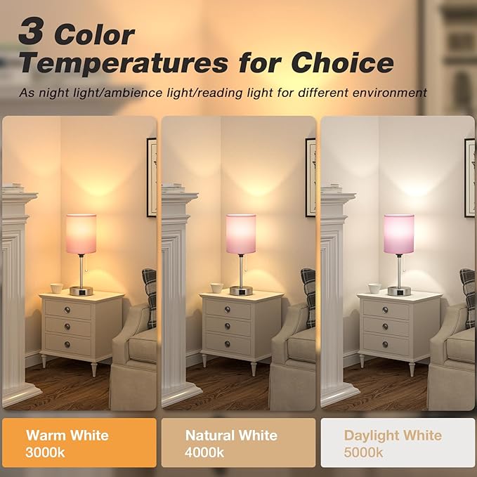 Pink Bedroom Lamp for Bedside - 3 Color Temperatures Desk Lamp with USB C and A Ports, Pull Chain Table Lamp with AC Outlet, Nightstand Lamp with Silver Metal Base for Kids Girls