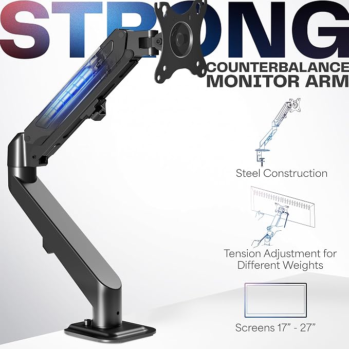 VIVO Heavy Duty Single Monitor Tension Arm for up to 27 inch Screens, Holds 14.3 lbs, Premium Desk Mount Stand, Black, STAND-V101O