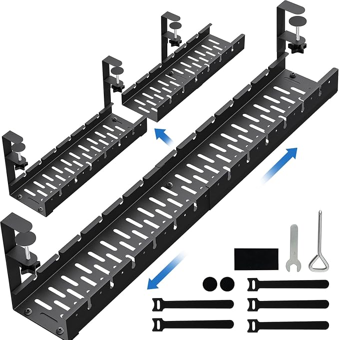 No Drilling Extendable Under Desk Cable Management, Metal Cable Management Tray Under Desk with Clamp, Retractable Power Strip Cord Holder for Wire Management 31Inch(1 Pack Black Extendable 31')
