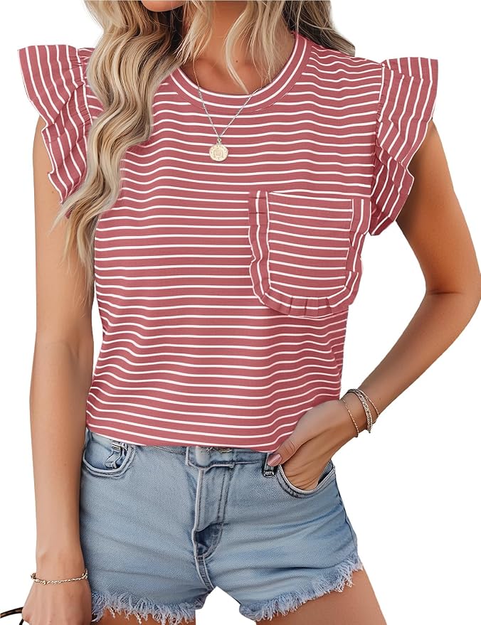 JUSTFASHIONNOW Womens Summer Tops Striped T-Shirts 2026 Ruffle Short Sleeve Crew Neck Casual Blouses with Pocket