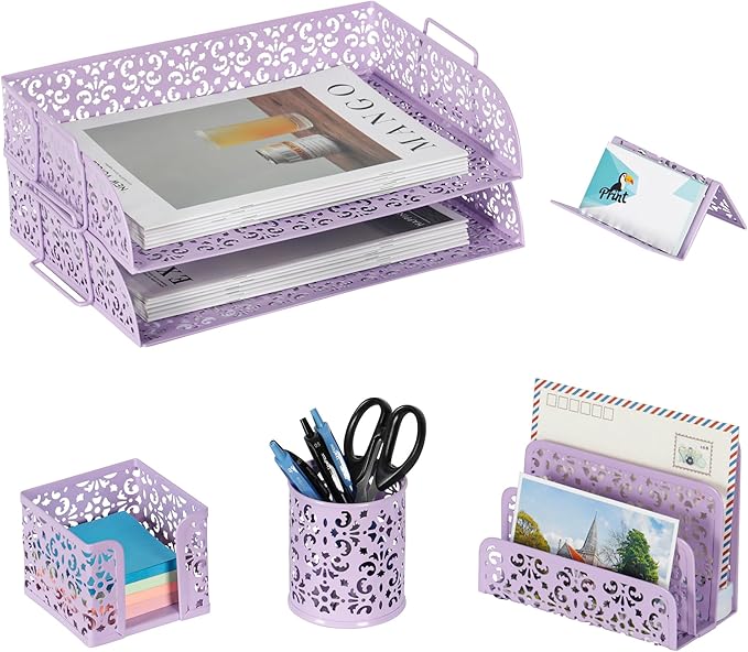 EasyPAG Desk Organizers and Accessories 5 Pieces Office Supplies Set - 2 Tier Paper Tray, Pencil Organizer for Desk, Mail Sorter Countertop, Business Card Holder and Sticky Note Holder, Purple