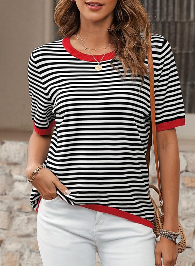 Dokotoo Womens Tops 2026 Casual Summer Crewneck Short Sleeve Striped Color Block Knit High Low Trendy Pullover Sweaters
