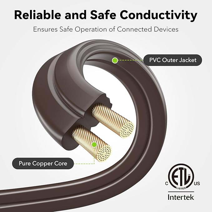 BN-LINK Indoor Extension Cord 6/9/12FT, 2 Prong Extension Cord Brown, 3-Outlet Polarized Flat Cable, 13A/1625W, Perfect for Homes, Offices, and Kitchens, Variety 3-Pack
