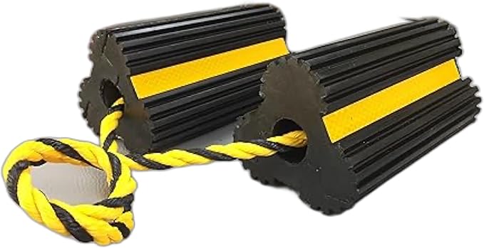 Jungle Jim's Heavy Duty Dual Wheel Chocks with Ropes - 7.8 Inches, Oil-Resistant Rubber, Reflective Stripes, Anti-Slip Grip, for Trucks, Trailers, RVs, Driveways, Garages – 1 Pack