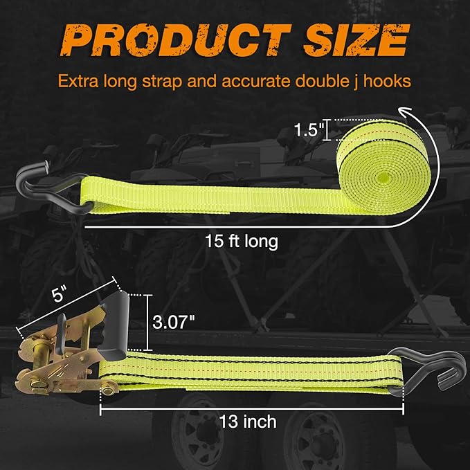 4PC 1.5" x15ft Ratchet Straps Heavy Duty-3000 lbs Break Stength,1000lbs Working Load-Cargo Tie Down Straps with Coated Double J Hooks for Securing Household Appliances, ATVS or Motorcycles