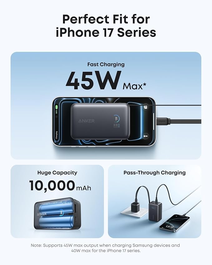 Anker Nano Power Bank, 45W 10,000mAh Portable Charger, iPhone Battery Pack | Built-In Retractable USB-C Cable, for iPhone 17 / 16 Series, iPad, Galaxy, Pixel, and More, Compact Travel Design