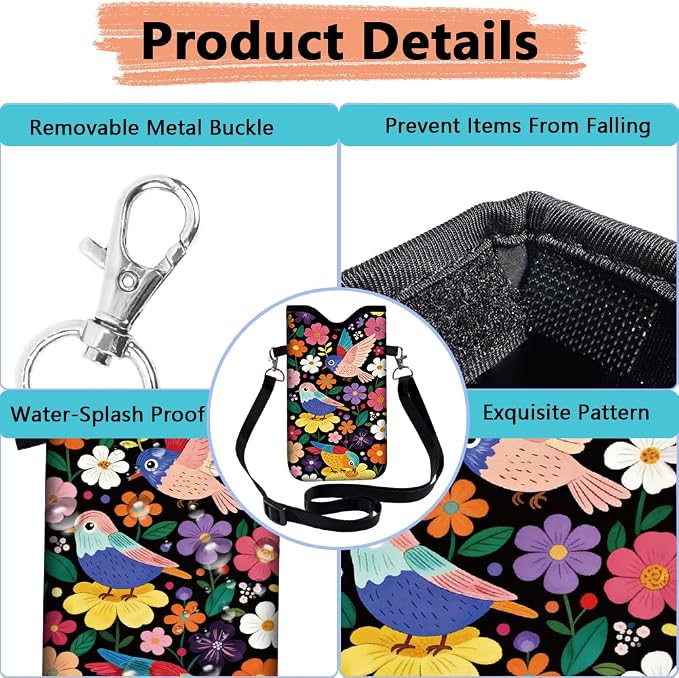 Floral Phone Pouch Phone Crossbody Sleeve Birds Colorful Nylon Neoprene Waterproof Cellphone Bag Case with Strap Neck Lanyard Protective Carrying Cover Fits Most Smartphones 7.1 x 3.9 Inch