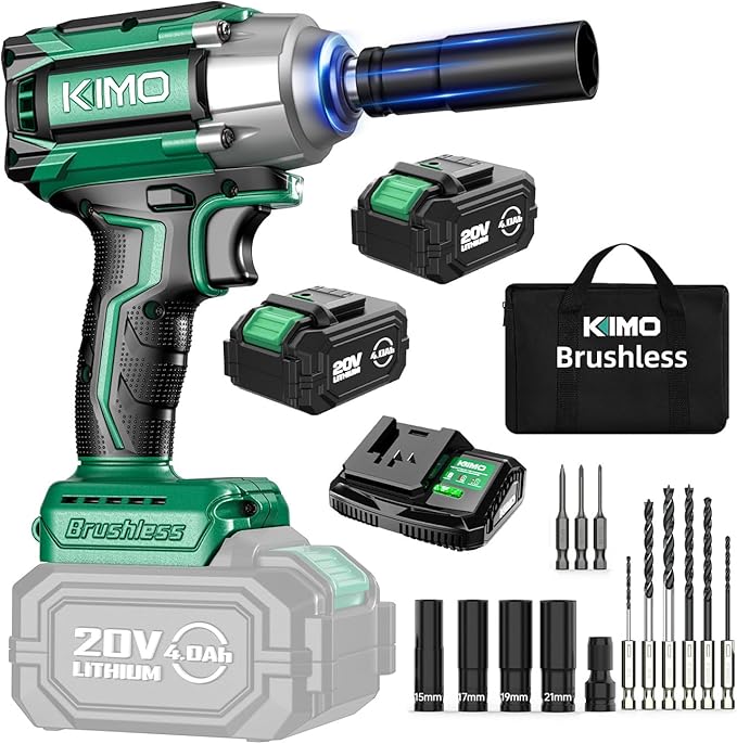 KIMO Impact Wrench 1/2 Cordless, 1200N.m (406ft-lbs), 4000RPM, 9-Piece Drill & Driver Set, 4Sockets Impact Drill for Car Tires, Safety Lock, 2x4000mAh Battery, Variable Modes Power Smart Impact Wrench