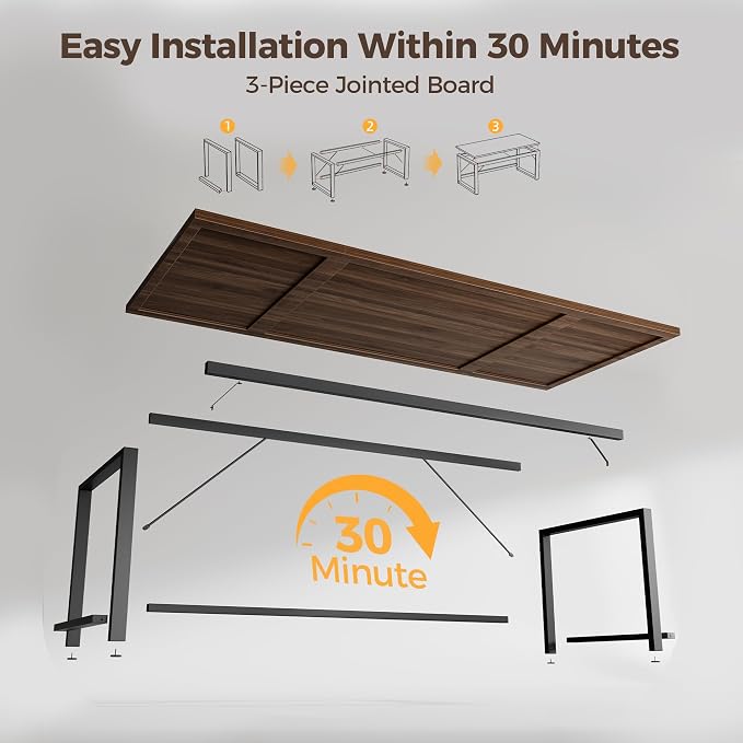 Mericonia 63 Inch Computer Desk, 1" Thick Large Office Table, Walnut | Modern Simple Style, Heavy Duty Industrial Frame, Large Study & Writing Table for Home Bedroom Work