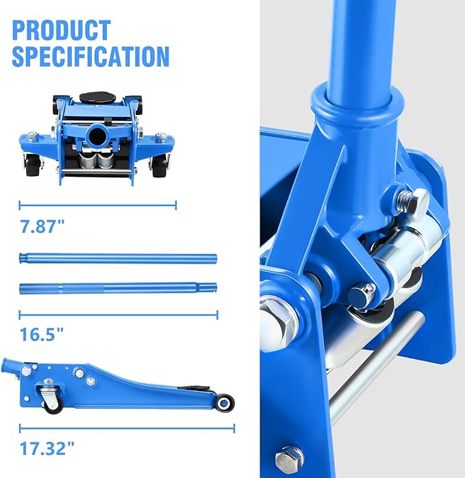 PM PERFORMOTOR Low Profile Hydraulic Trolley Service/Floor Jack, 3 Ton (6000 lbs) Capacity, Lifting Range 3"-20",Blue,PM-TOL-FJ30-BL