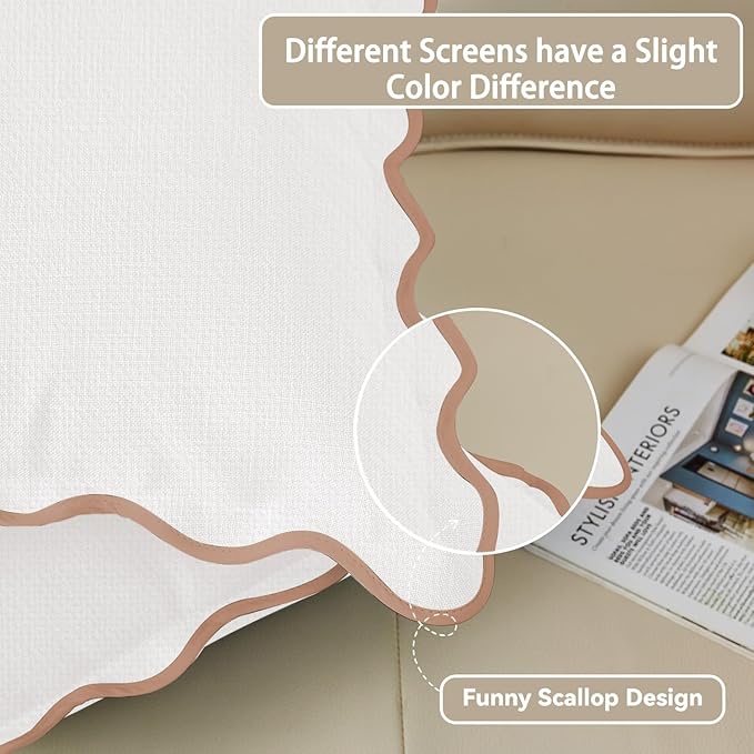 Scalloped Pillow Covers Set of 2 for Living Room | Spring Decorative Sofa Couch Pillows | Boho Sytle Decorative Home | Aesthetic Funky Preppy Pillow Cases (Beige & Brown, 22x22 Inch)