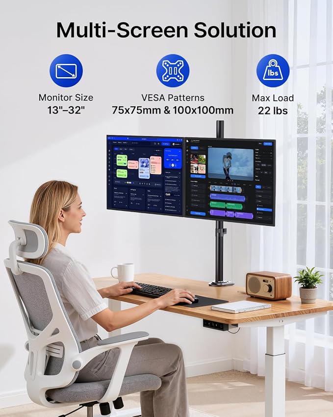 HUANUO Dual Monitor Stand for 13-32 Inch Screens, Tall Pole Desk Mount,Larger Base, Ideal for Sit-Stand Workstations, 22 lbs per Arm, VESA 75x75/100x100mm, Tilt Swivel Rotation, Cable Management