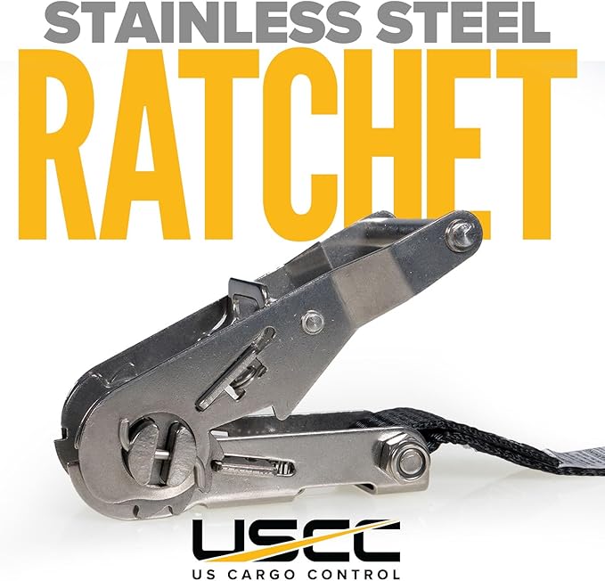US Cargo Control Endless Ratchet Straps 1" X 15' (4-Pack), 3,300 LBS Break Strength, Stainless Steel Tie Downs, Marine Tie Down Straps for Boats, ATVs, Trees, Camping, Snow, Saltwater Applications