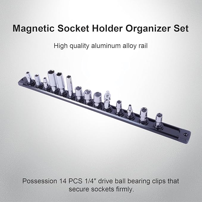 Magnetic Socket Holder Organizer Set:1/4-Inch Drive Socket Trays Socket, 360° Swivel 14 Clips Socket Holder Kit, For Automotive Mechanic Garage (Black)
