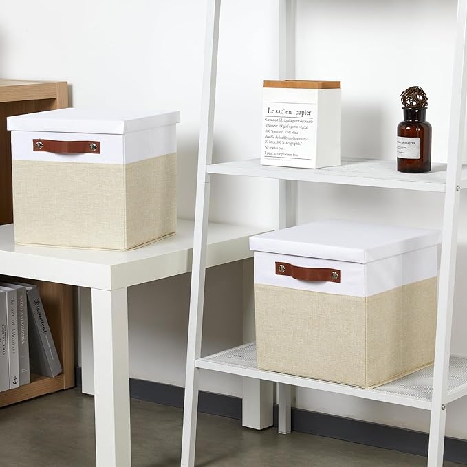 Temary Foldable Fabric Storage Bins with Lids, 2-Pack Storage Bin for Organizing Living Room, Closet Organization, Multi-Purpose Storage Boxes for Clothes (White&Khaki, 10.5x10.5x10.5in)