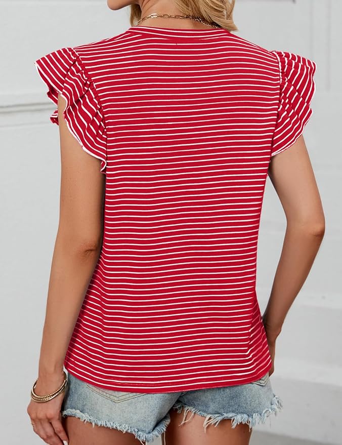 JUSTFASHIONNOW Womens Summer Tops Striped T-Shirts 2026 Ruffle Short Sleeve Crew Neck Casual Blouses with Pocket