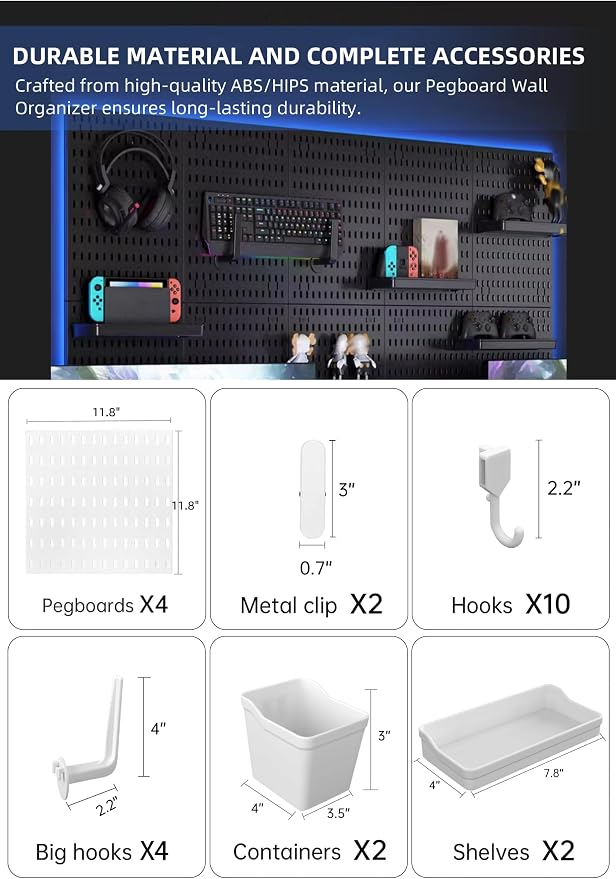Pegboard Wall Organizer Kit, Modular Storage System, White | 4 Modular 11.8" Pegboards with Hooks & Storage Baskets, Durable ABS/HIPS for Gaming, Office, Craft & Home Organization