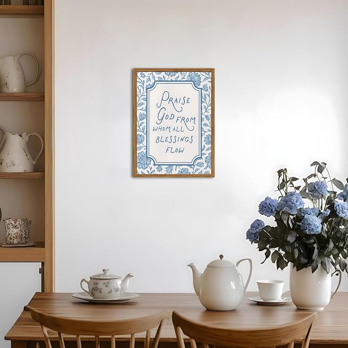 Framed Christian Wall Art, Bible Verse Praise God From Whom All Blessings Flow Pictures Wall Decor, Blue Floral Scripture Paintings Canvas Prints Religious Home Decor for Prayer Living Room 16x24 inch