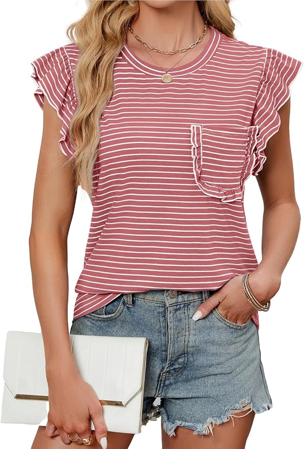 JUSTFASHIONNOW Womens Summer Tops Striped T-Shirts 2026 Ruffle Short Sleeve Crew Neck Casual Blouses with Pocket