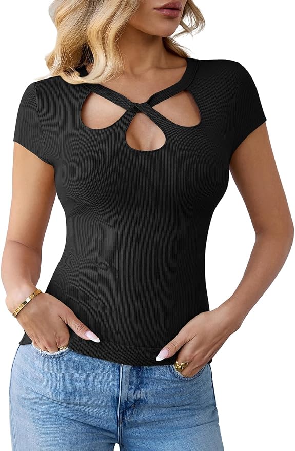 Pink Queen Sexy Tops for Women Cutout Keyhole Neck Cap Sleeve Shirts Casual Summer Clothes 2026 Fashion