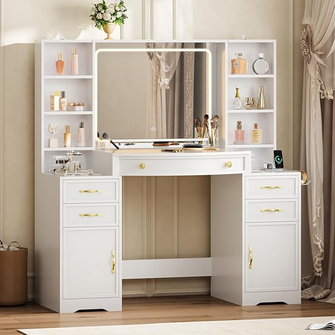 77.2" Large Vanity Table with LED Mirror, Vanity Desk with Built-in Charging Station,5 Drawers,2 Cabinets,6 Open Shelves (2 Adjustable) & Hair Dryer Holder, Makeup Desk for Bedroom