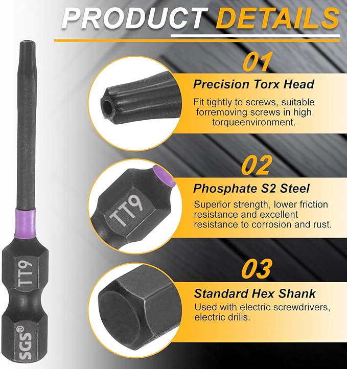 HARFINGTON TT9 Torx Head Impact Screwdriver Bits 1/4" Hex Shank 2" (50mm) Long Magnetic Tamper Proof 6 Point Star Screw Driver Drill Bits Phosphate S2 Steel Power Tools with Hole