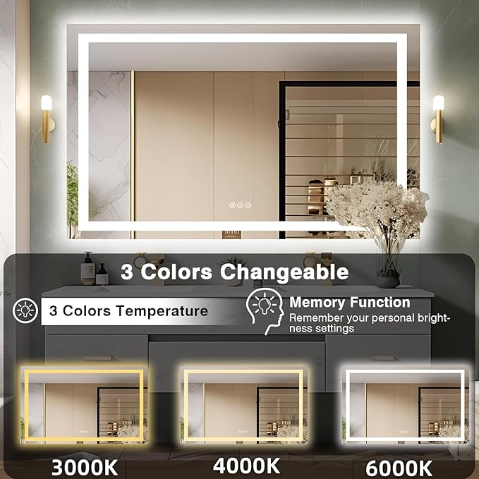 57"x36" Light Mirror for Bathroom (Front and Backlit), Anti-Fog Bathroom Vanity Mirror, Stepless Dimmable Lighted Mirror, Tempered Glass, Memory (Horizontal/Vertical)