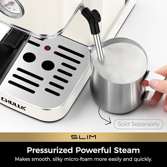 CHULUX Slim Espresso Machine with Milk Frother for Home Cappuccino, Creamy | Precise Pressure Gauge, Food-Grade Materials, 20 Bar Italian Pump, Professional Temperature Control System, Stainless Steel