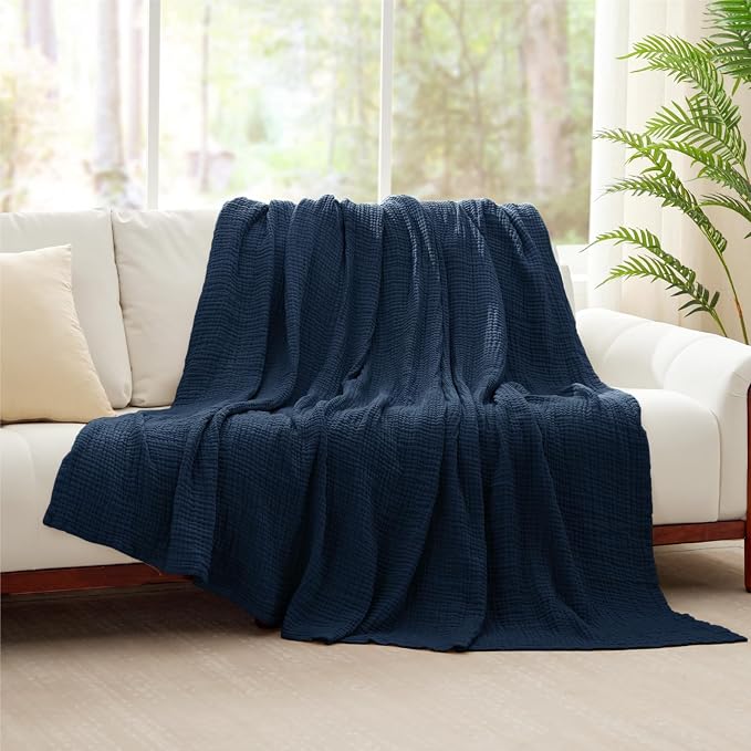 100% Cotton Muslin Blanket Twin 60" x 80", Breathable and Lightweight Cotton Twin Blankets for Couch, Soft Cooling Summer Gauze Blanket for Adults All Season, Navy Blue