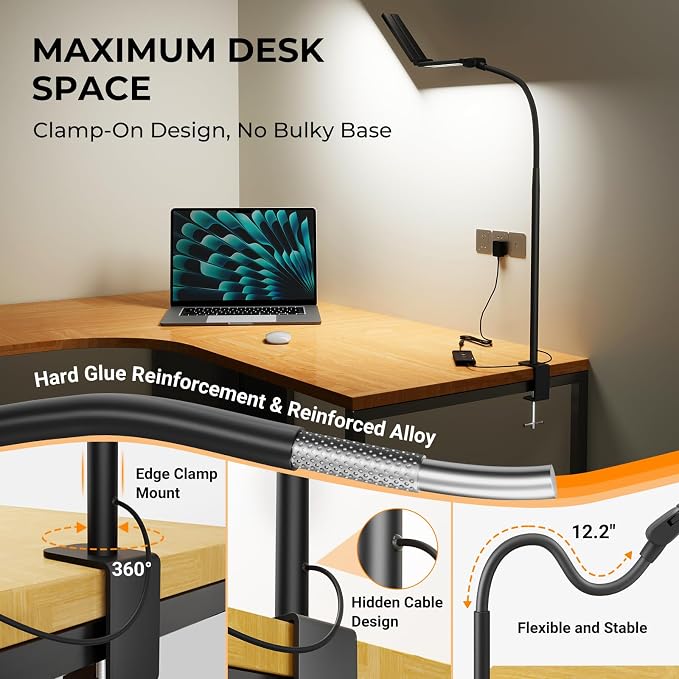 LED Desk Lamps for Home Office, Adjustable Swing Arm Desk Lamp with Clamp | Gooseneck Tall Clip on Desk Light for Sewing,Reading,Draw,Workbench,Study,Puzzle,Craft,Monitor,Architect,Computer,Task