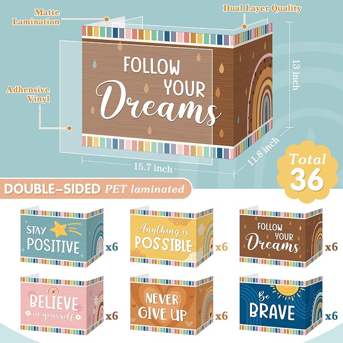 Affrolling 36 Pcs Inspirational Privacy Folders Bulk for Students Cardboard Privacy Boards Desk Divider Panel Waterproof Testing Divider for Classroom Back to School Study Supplies (Boho)