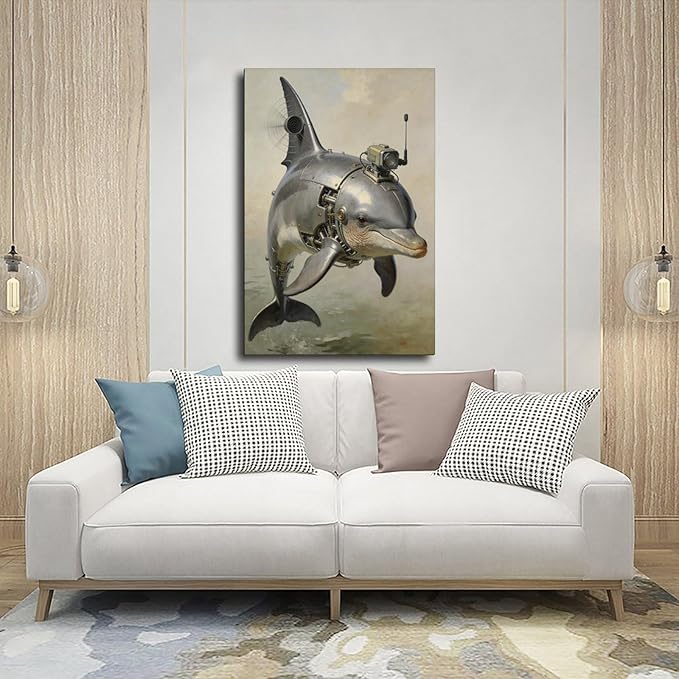Framed Steampunk Mechanical Dolphin Wall Art - Marine Retro-Futuristic Poster for Beach House Living Room Decor 12x18inch(30x45cm)