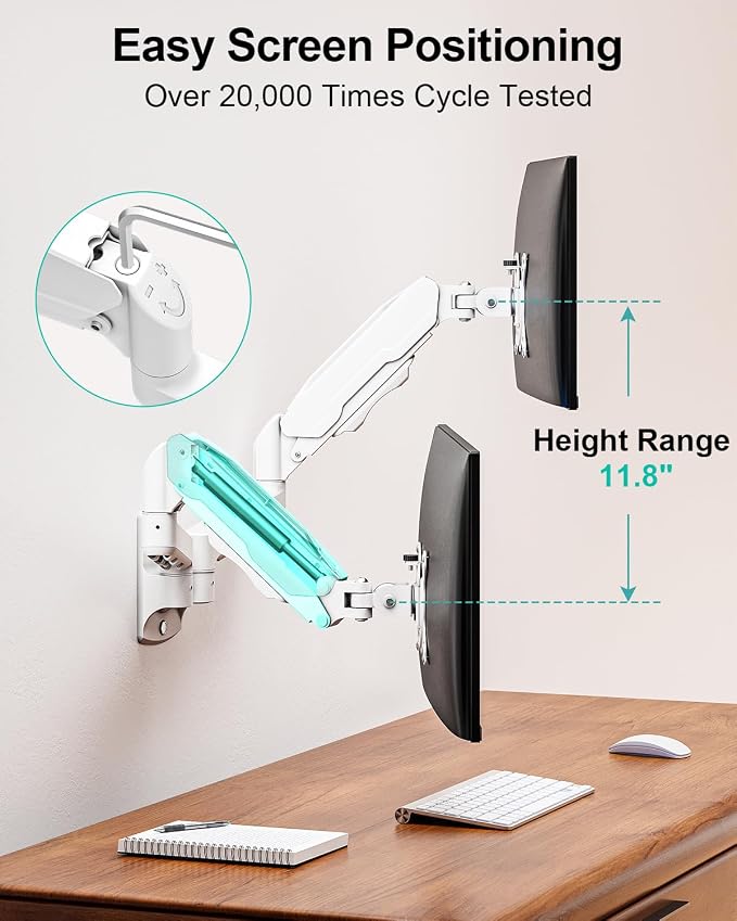 MOUNT PRO Dual Monitor Wall Mount for 13 to 32 Inch Computer Screens, Gas Spring Wall Monitor Arm for 2 Monitors, Each Holds Up to 19.8lbs, Adjustable Wall Monitor Mount with VESA 75x75/100x100, White