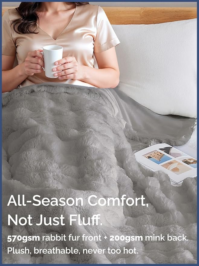 3D Fleece Bubble Blanket King Size - Rabbit Blanket - 90" x 108", Grey | Soft Fluffy Faux Fur Blanket for Couch Sofa & Chair, Cozy Gifts for Women, Tie Dye Cloud Throw Bed Cover, Thick Plush Bedding