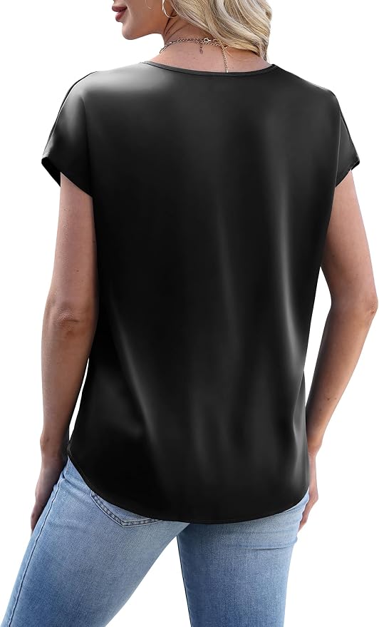 WIHOLL Womens Satin Summer Tops Cap Short Sleeve Blouses V Neck Shirts Business Casual Outfits Fashion Clothing 2026