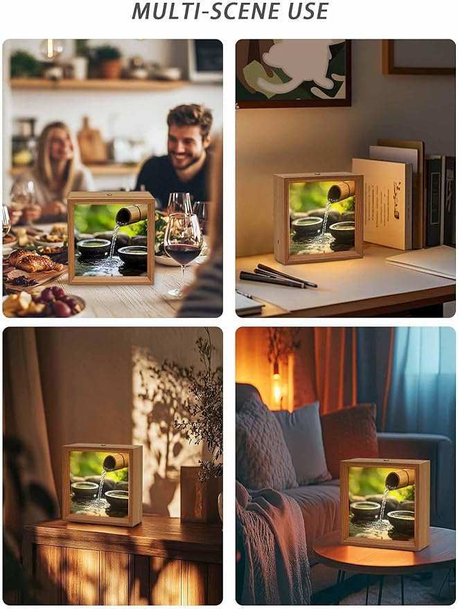 Wood Night Light Box 4.5x4.5in,Zen Meditation Lake Water Table Lights Wooden Picture Frame with USB Rechargeable Touch LED Lights for Home Decor Desktop Display,Natural Landscape